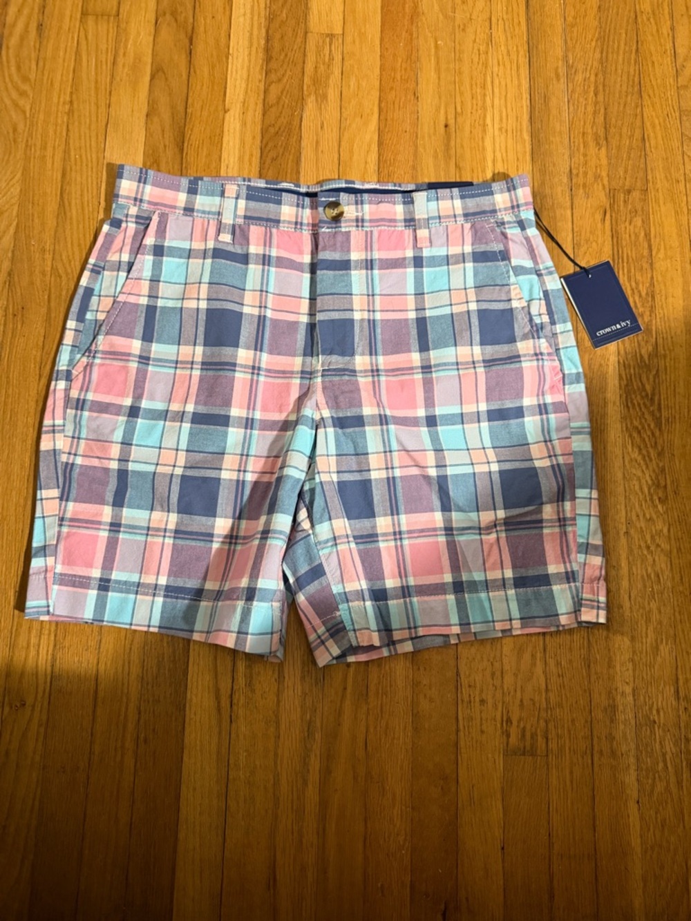 Men's Crown & Ivy Pink/Blue Motionflex Plaid Cotton Shorts NWT